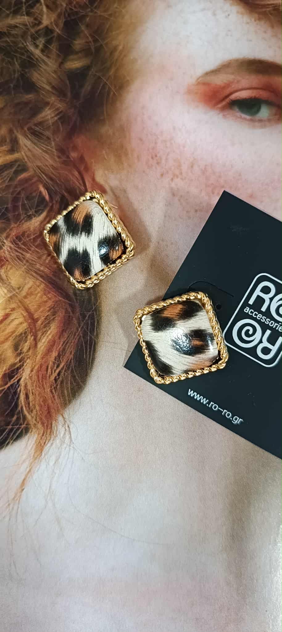 Σκουλαρίκια RO Accessories – Τετράγωνα με Λεοπάρ και Χρυσό Περίγραμμα