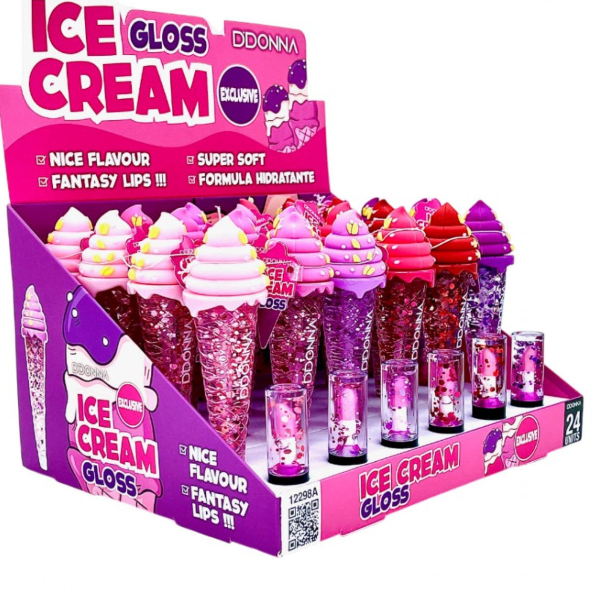 D'DONNA ICE CREAM LIP GLOSS που αλλάζει χρώμα με βάση το pH, σε συσκευασία χωνάκι παγωτού.