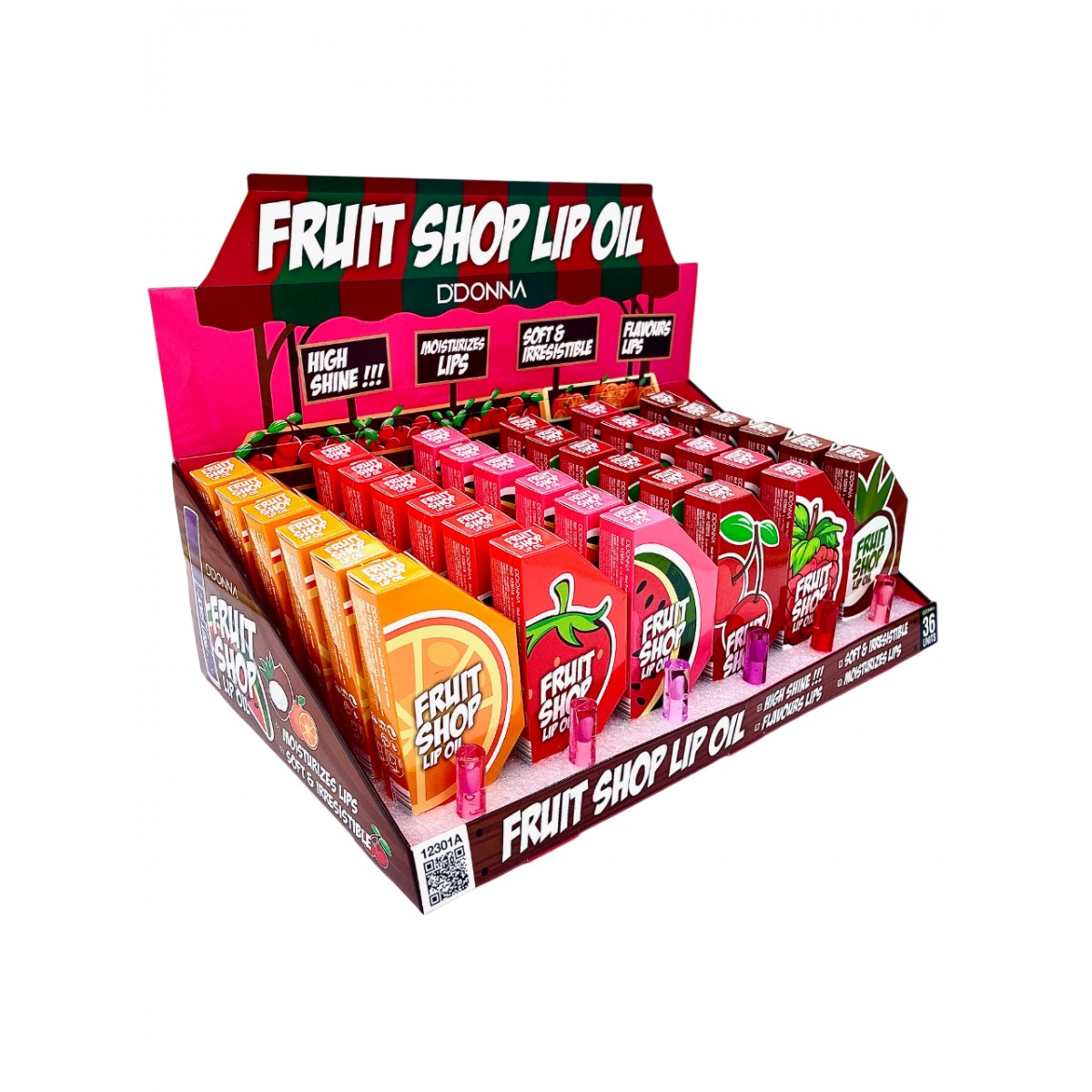 Λάδι χειλιών D'DONNA FRUIT SHOP, ενυδατικό lip oil με φρουτώδη αρώματα, υψηλή λάμψη.