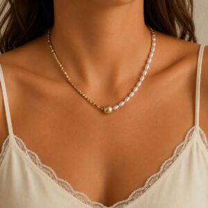 Κολιέ Half Pearl Gold από Ανοξείδωτο Ατσάλι