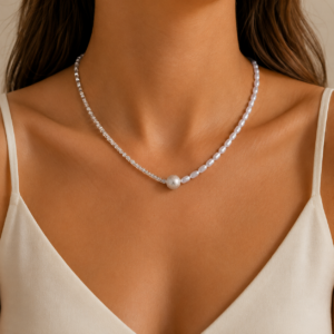 Κολιέ Crystal & Pearl Silver από Ανοξείδωτο Ατσάλι