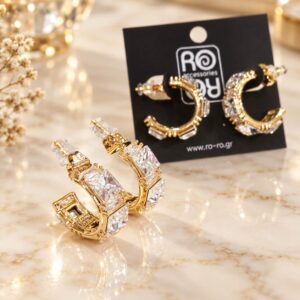 RO Accessories Crystal Glam Hoops χρυσοί κρίκοι με μεγάλες διάφανες πέτρες. Χρυσά σκουλαρίκια κρίκοι RO Accessories με λαμπερές γεωμετρικές πέτρες. RO Crystal Glam Hoops εντυπωσιακά σκουλαρίκια με πολυεδρικές πέτρες. Γυναικεία χρυσά statement σκουλαρίκια κρίκοι με κρυστάλλινες λεπτομέρειες.