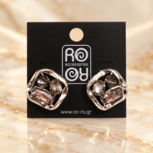 RO Accessories Crystal Mosaic Smoky ασημί γεωμετρικά σκουλαρίκια με τρεις πολυεδρικές πέτρες σε καπνιστές γκρι και ροζ αποχρώσεις
