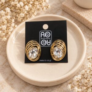 RO Accessories Crystal Oval χρυσά οβάλ σκουλαρίκια με μεγάλη διάφανη πέτρα και περίτεχνες μεταλλικές καμπύλες